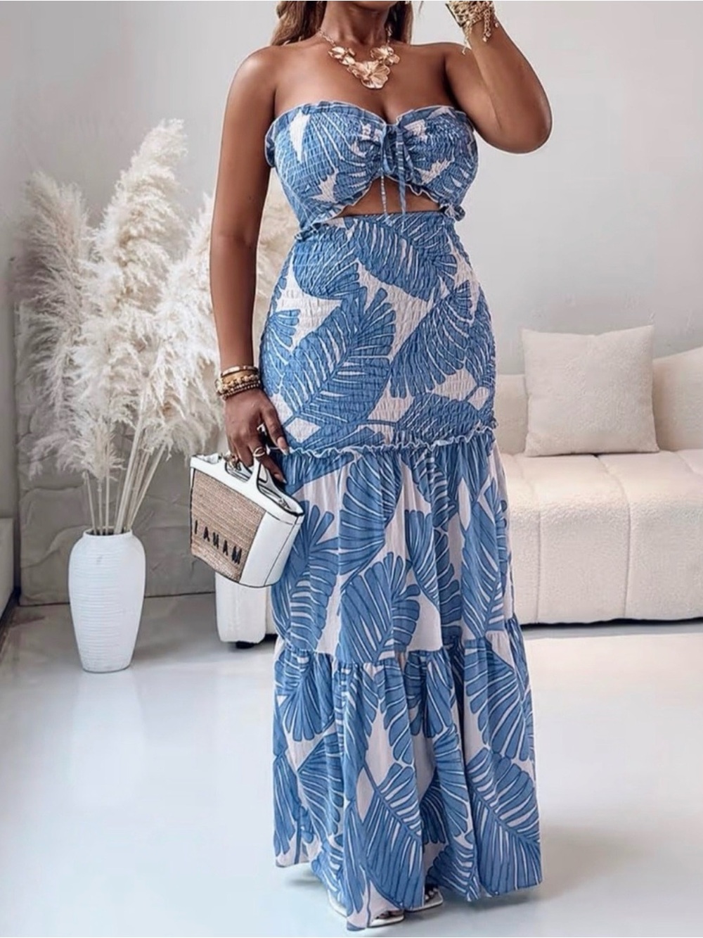 Blue Leaf-Print Strapless Tiered Maxi Dress